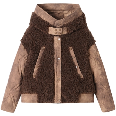 ANDREA MARTIN冬季新款摩登休闲毛毛拼色连帽棉服