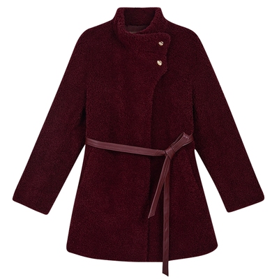 YINER音儿专选2025冬季新款法式中长款系带立领颗粒绒羊毛外套