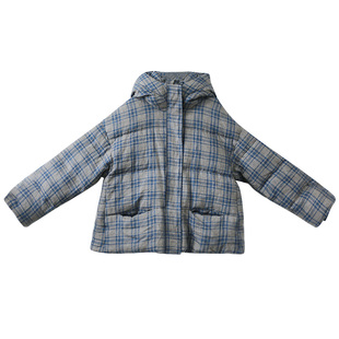 现货【明媚如花】复古蓝格羽绒服短款女冬季连帽亚麻印花保暖外套