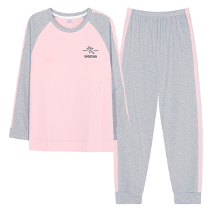 100%纯棉带胸垫睡衣女秋冬季休闲简约圆领舒适加厚女士家居服套装