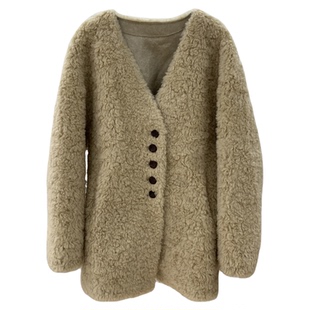 韩系气质V领显瘦100绵羊毛中长款羊羔毛皮毛一体皮草女冬毛毛外套