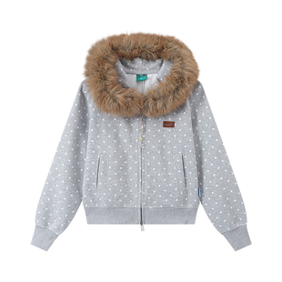 江南先生NewJNXS波点可拆毛领短款修身开衫卫衣时尚休闲百搭外套