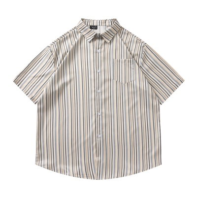 TRAVEL ISLAND 条条框框 日系复古拼色细小条纹宽松情侣短袖衬衫