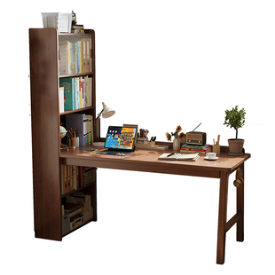 实木书桌带书架一体书房电脑桌带书柜家用卧室学生学习转角工作台
