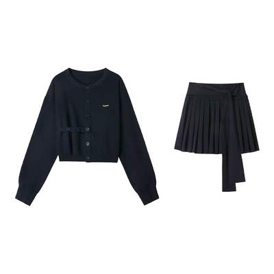 Uena藏青色毛针织开衫半身裙套装
