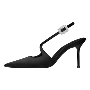 烫社交女鞋黑色布面尖头后空一字带细高跟鞋春夏法式水钻凉单女鞋