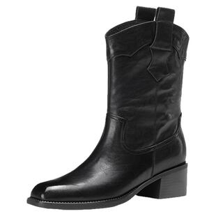 HUSSLOVE 头层牛皮·跟高5CM·西部牛仔风真皮耐穿舒适高跟短靴