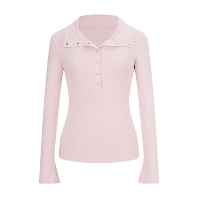 粉色翻领长袖t恤内搭半开领上衣