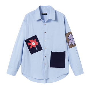 白口阳【春日派对】趣味贴布衬衫男宽松蓝色格纹衬衣2025年新夏季