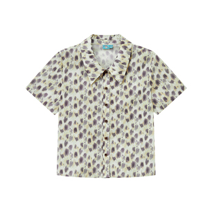 化学少女 「山葵」 纯棉 黄绿色豹纹印花正肩短袖衬衫女夏新品