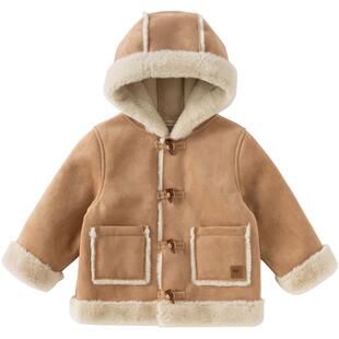 戴维贝拉儿童麂皮绒外套2025男童新款A类秋冬连帽加绒上衣男宝宝