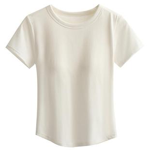 带胸垫白色圆领短袖t恤女夏季2025新款弧形下摆正肩体恤打底上衣