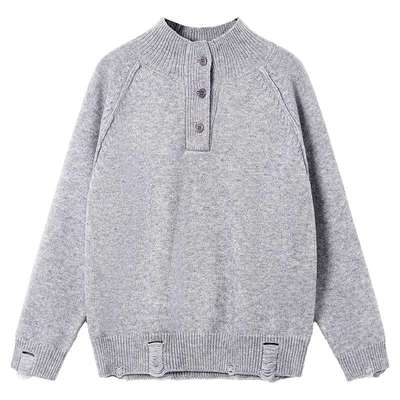 韩范半高领破洞半开衫针织外套潮