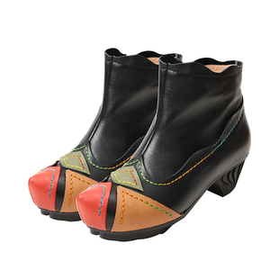 相伴真皮短靴女2025新款秋冬新款民族风翘头款皮靴复古民族风女靴