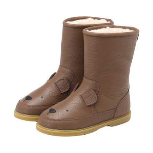 Donsje小熊款儿童靴子真皮男童冬季防滑中筒靴女童羊毛加绒保暖靴