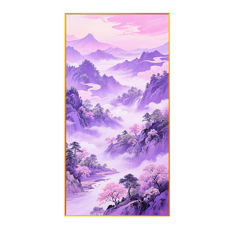 紫气东来山水风景十字绣2026新款入户玄关全绣大尺寸线绣竖版自绣