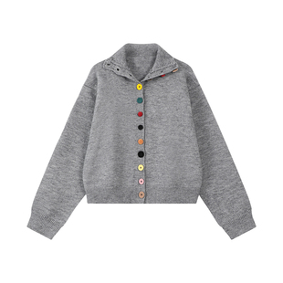 吴童童灰色高领长袖毛衣外套女秋冬新款韩系慵懒宽松针织开衫上衣