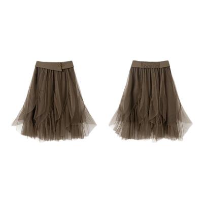 PIT复古不规则网纱高腰半身裙气质显瘦百搭中长a字裙新款设计感