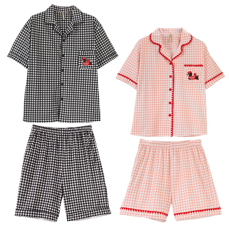 卡通夏季薄款男女士睡衣情侣款韩版翻领开衫短袖家居服套装可外穿