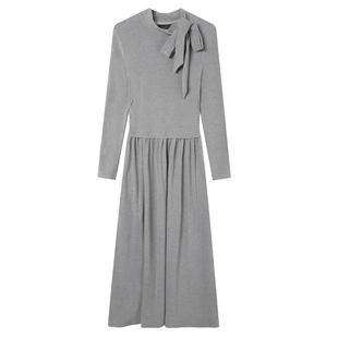 白鹿语法式复古蝴蝶结系带连衣裙25秋冬新款设计感修身打底长裙