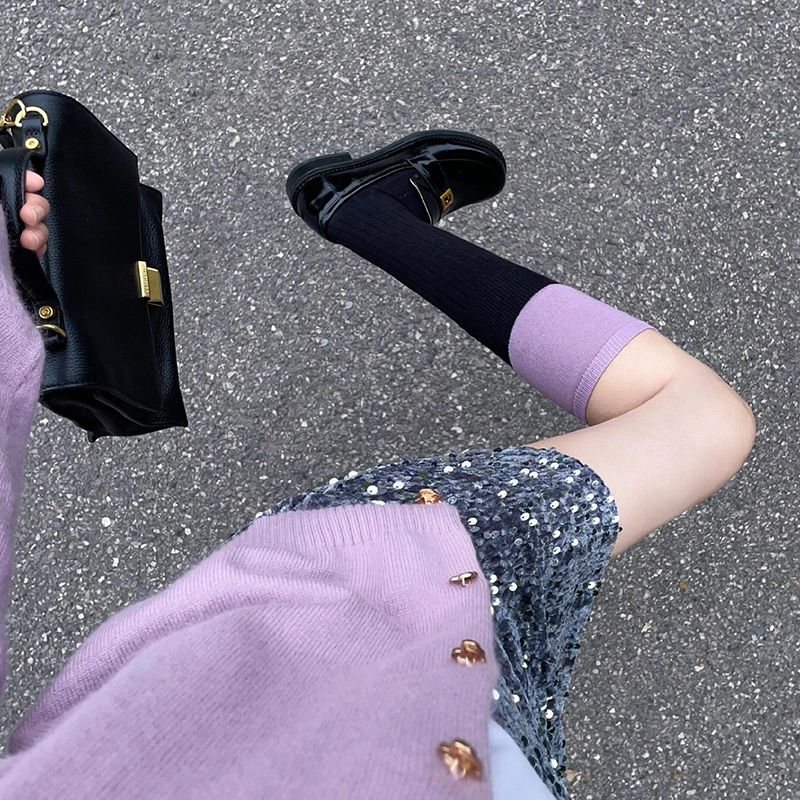 黑紫双色长筒堆堆袜子搭配乐福小皮鞋女拼接小腿长袜韩系中筒棉袜