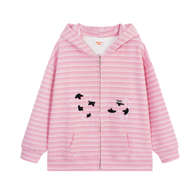 YUZI鱼子粉条纹卫衣拉链连帽大码