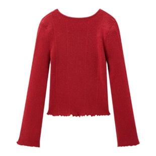 【商场同款】乐町千金风修身针织衫红色木耳边圆领毛衣C1EEF1224*