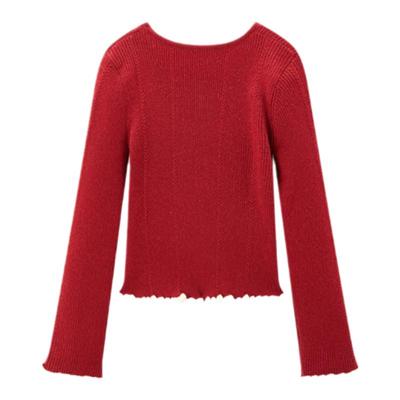 【商场同款】乐町千金风修身针织衫红色木耳边圆领毛衣C1EEF1224*