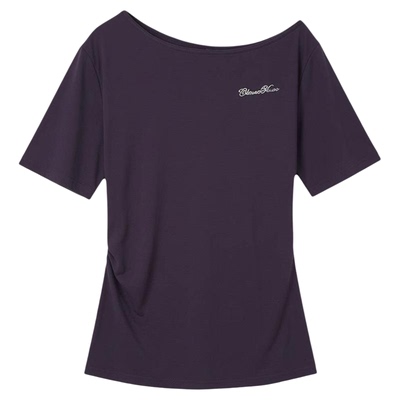 CLIMAX VISION莱赛尔凉爽轻薄斜肩短袖T恤女装堆叠感抽褶烫钻上衣