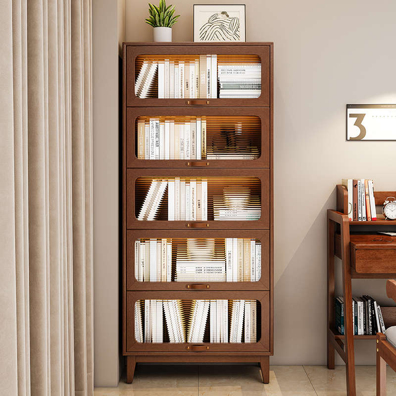 实木防尘书柜带玻璃门家用客厅立柜儿童书架落地置物架一体储物柜