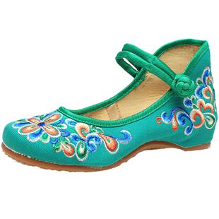 红色古风鞋子女汉服鞋绣花鞋绣花鞋女结婚中式内增高平底中国风布