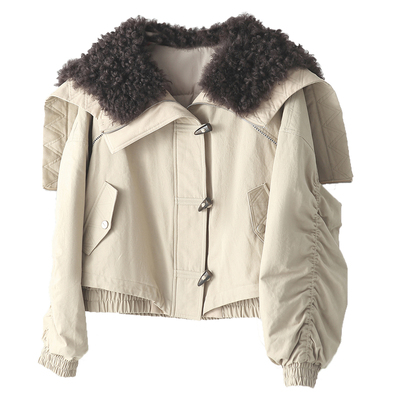 年轻款羊毛皮毛一体皮草羽绒服2025新款短款派克服羊羔毛领外套女