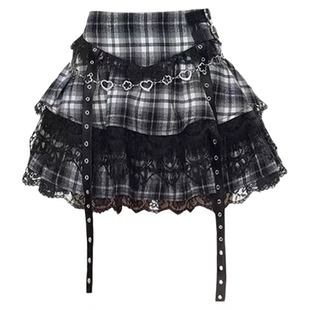 y2k辣妹双扣设计学院风法式格子jk半身裙女夏季显瘦蕾丝蓬蓬短裙