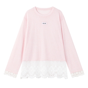 MISSCOCOON可可尼粉色薄长袖T恤女2025秋季新款盐系蕾丝苎麻上衣