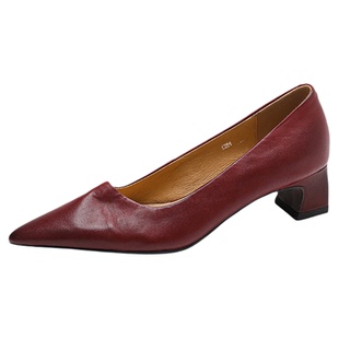 软皮真皮尖头气质婚鞋不累脚通勤单鞋女酒红色粗跟百搭职业高跟鞋