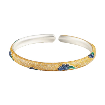 祥云珐琅彩银手镯实心开口手镯