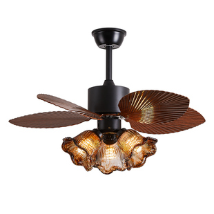 飞朵 法式中古风扇灯餐厅卧室书房复古吊扇灯胡桃木色一体风扇灯