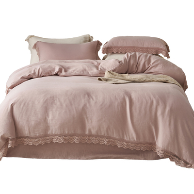 斯得福高品质纯棉皱皱纱床单四件套镂空花边轻奢床上用品女生粉色