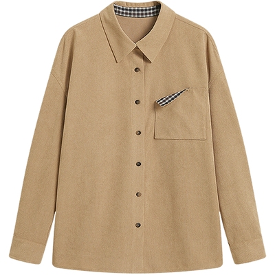 KBNE复古拼接细坑条灯芯绒衬衫女装2025冬季新款法式长袖衬衣上衣