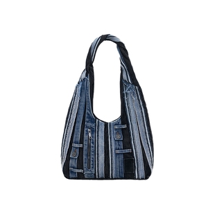 Desigual三色牛仔拼接绗线装饰单肩包手提包