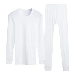 100%纯棉白色男秋衣秋裤套装全棉女士线衣线裤内衣棉毛衫打底圆领