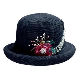 女士春夏天帽子法式洋气立体翻边礼帽新品珠钻花遮阳优雅郊游盆帽