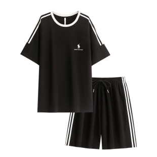 悦内情侣睡衣带胸垫女夏季夏天纯棉短袖家居服男大码休闲运动套装