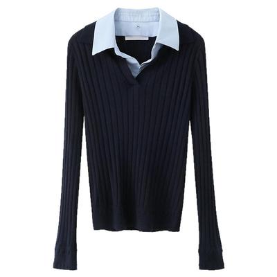 夕蒙2025新款秋韩系气质上衣小个子小众时尚洋气翻领藏蓝色针织衫