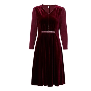 马天奴2025秋冬新款红色丝绒钉珠V领收腰长袖连衣裙子气质复古女
