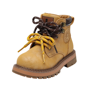 百丽童鞋儿童马丁靴女童加绒保暖短靴冬季新款男童大黄靴宝宝皮靴