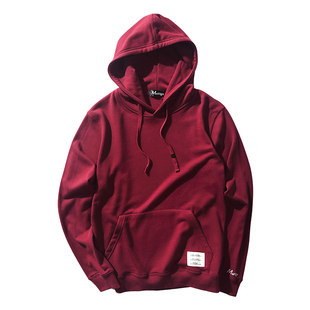 卫衣男士连帽春秋款薄款纯棉纯色修身打底套头帽衫情侣酒红色卫衣