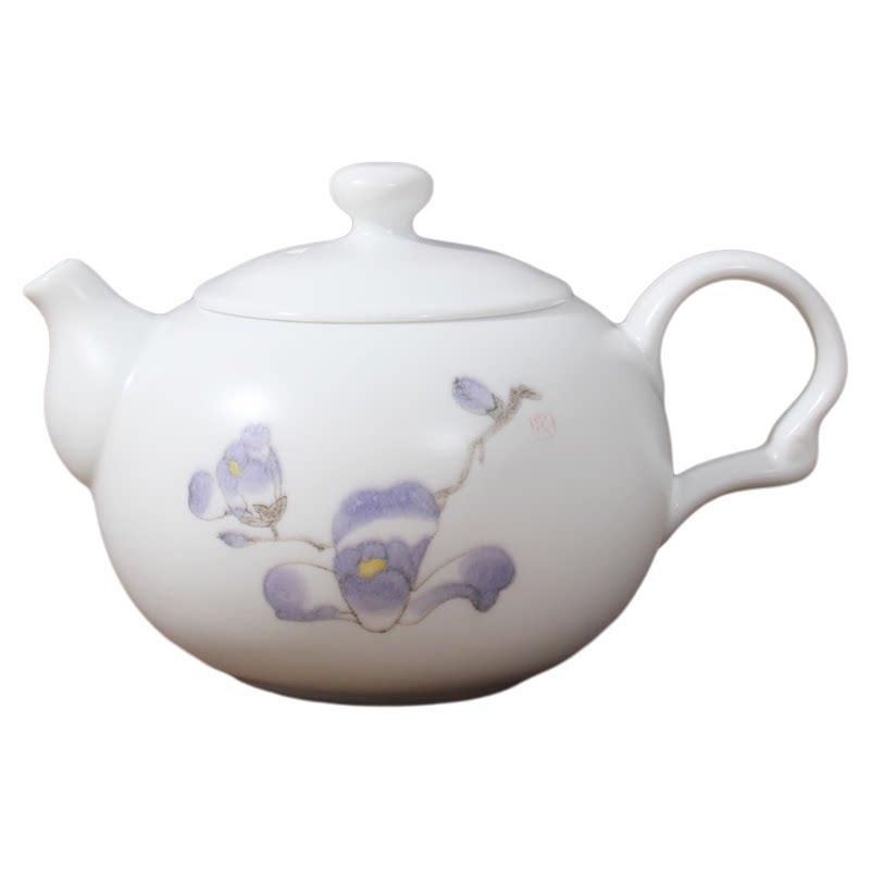 定窑茶壶陶瓷茶具过滤大号大水壶釉下手绘亚光釉开片内带不锈钢网