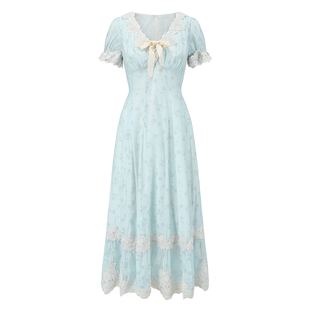 LaceMade 夏天的风 法式田园清新baby蓝长款短袖蕾丝裙通勤连衣裙