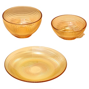 西屋餐具沙拉碗北欧风琥珀色玻璃水果盘碗碟套装礼盒家用甜品碗